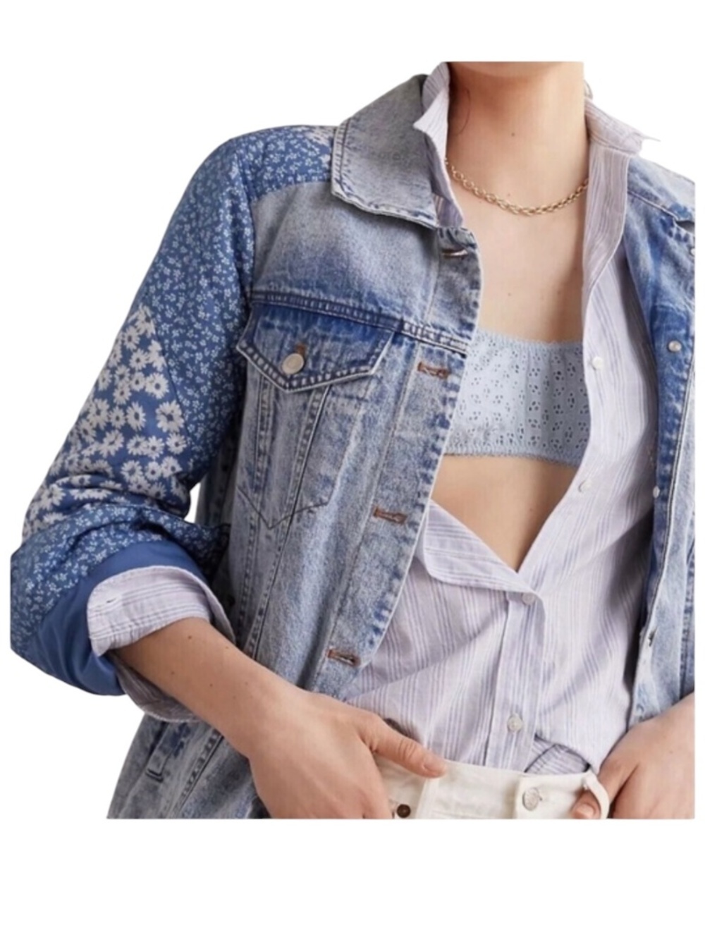 Avec Les Filles denim jean & floral patchwork classic trucker jacket Size Small